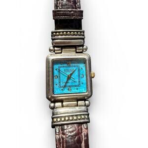 Ecclissi Sterling Silver Watch Blue Turquoise Dial Brown Leather Band Japan